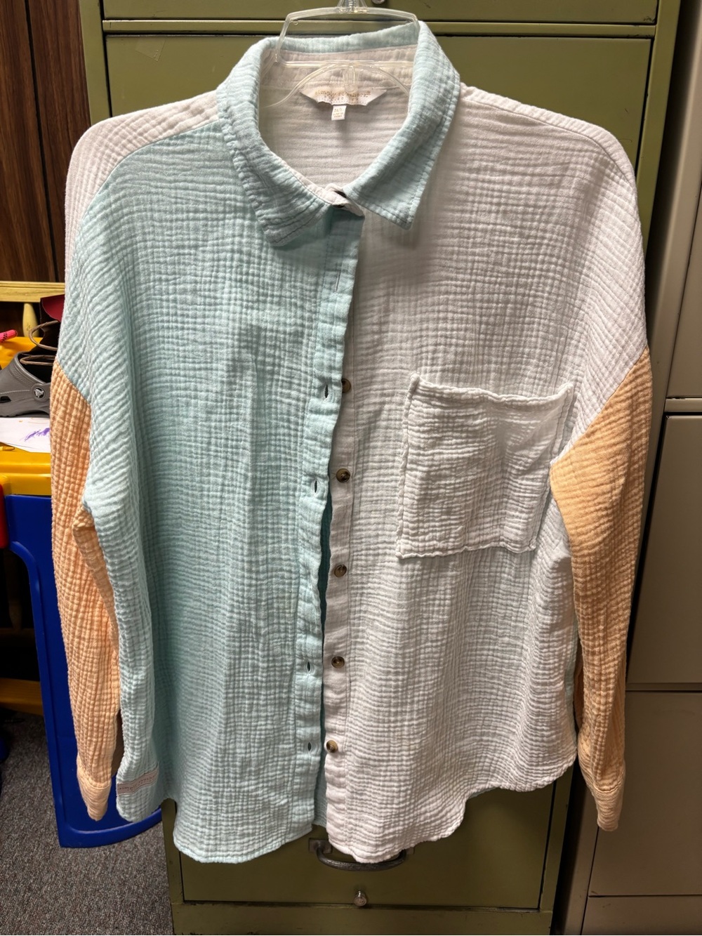 Simply Southern Colorblock Cotton Gauze Button-Up Shirt - Blue, White & Orange